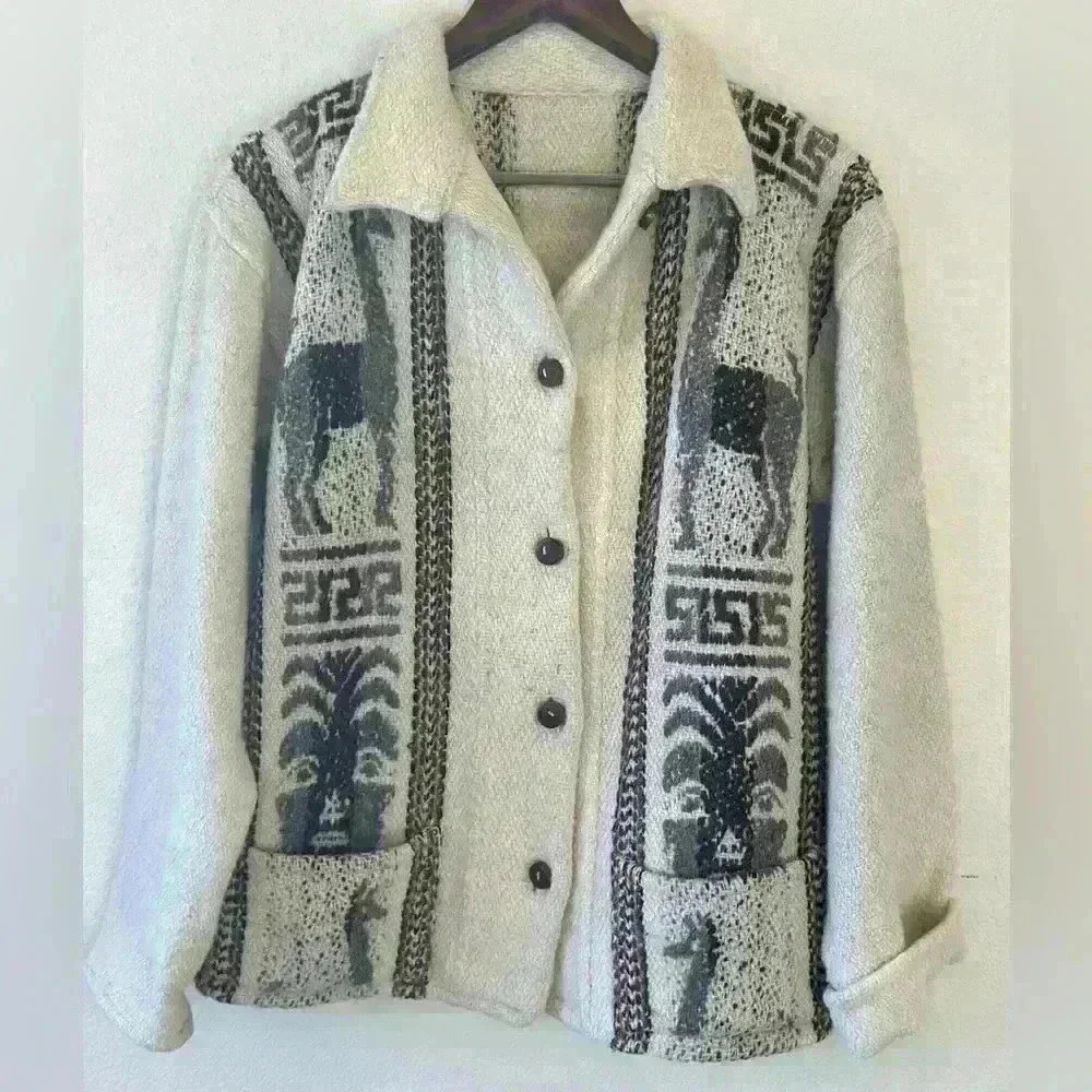 Vintage Women’s Sz L Cream Wool Button-up Jacket Alpaca Native Western Design‎